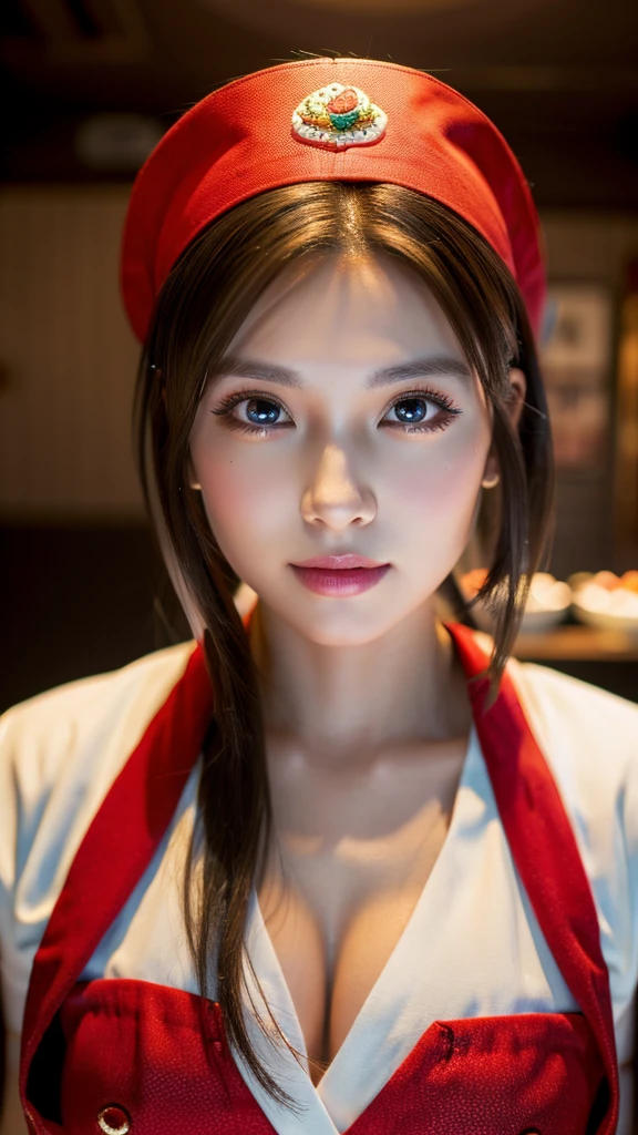 (surreal), (figure), (High resolution), (8K), (very detailed), (Best figure), (beautiful and detailed eyes), (highest quality), (super detailed), (masterpiece),Beautiful sushi master woman,