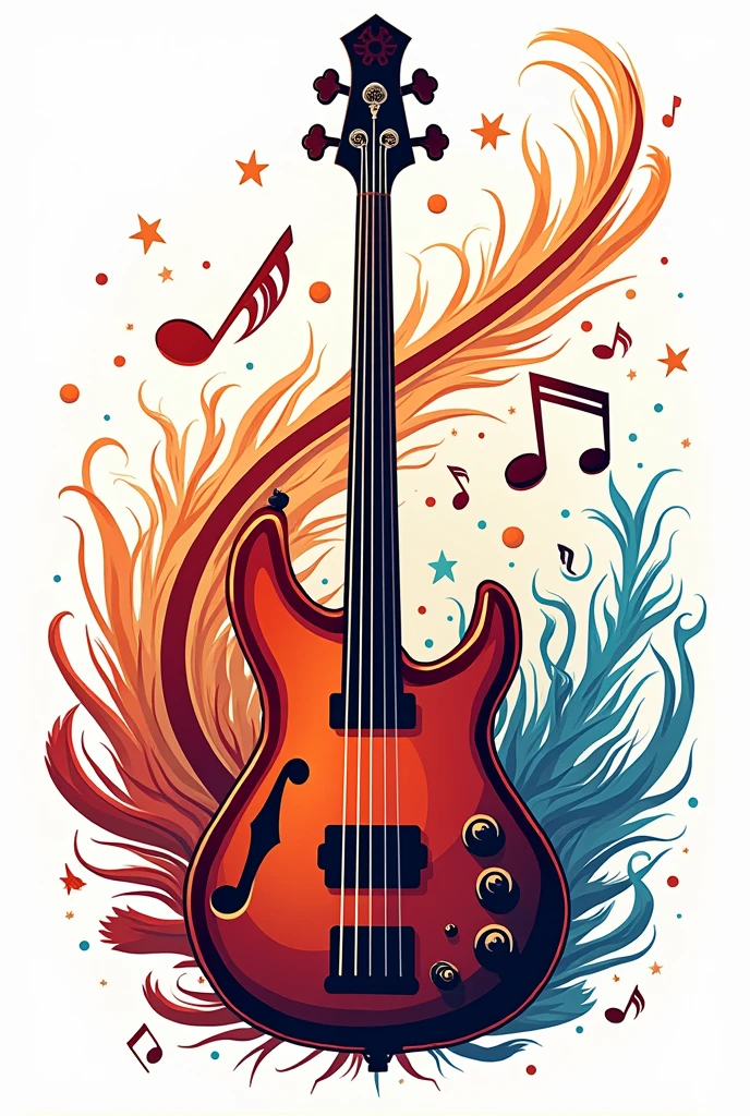 a logo with a bass and vallenato chord in the middle, musical notes around,