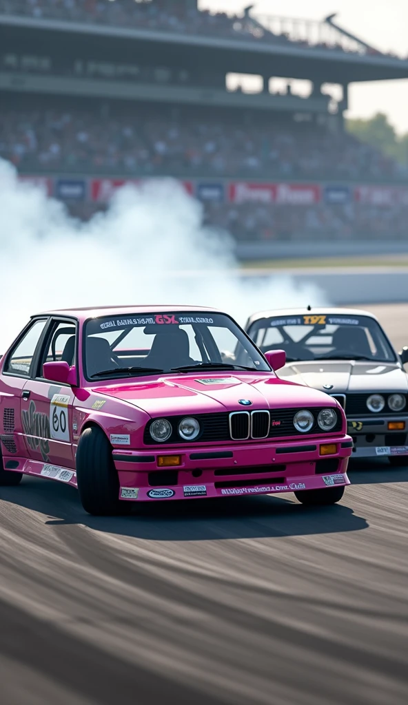 A dynamic drifting scene featuring two BMW cars side by side, drifting door to door on a race track. The first car is a BMW E30 M3 with a vibrant pink color, black and silver details, and racing decals. The second car is a BMW E46 M3 with a metallic gray color and yellow accents, also sporting racing decals. Both cars are in motion, emitting smoke from their tires as they drift around a curve, with a blurred background of a racetrack and spectators. The scene is intense and captures the excitement of a competitive drift event, there IS not drivers in the cars