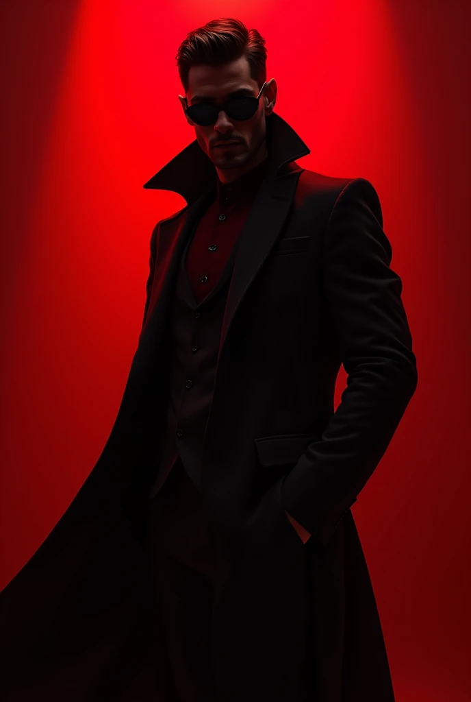  générer un image d’un homme charismatique dont le visage ne fais pas voir portant une veste 
L’homme aura le visage noir 
Il sera dans le rouge le plus vif totale 
Je veux pas une autre couleur dans l’image à part le noir et le rouge .masque noir sur le visage de l’homme . L’homme complet de la tête au pied 