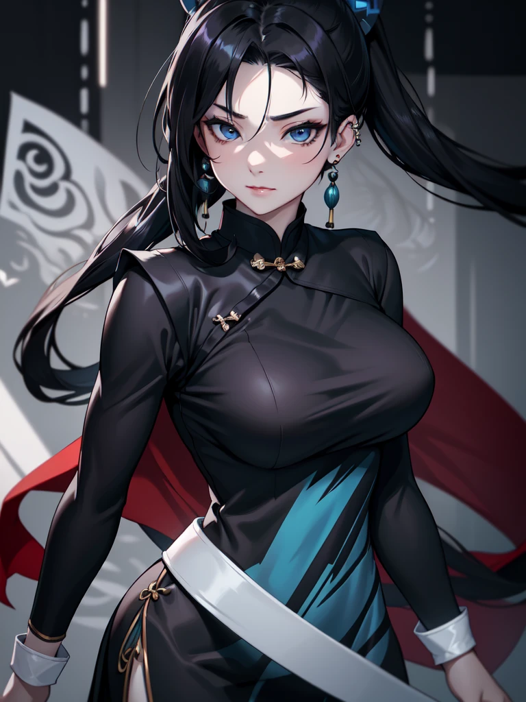 (((Portrait Photo))), She has the Appearance of a Regal Teenager, with a Strong, Muscular Build, and Cold Pale Skin that Exudes Elegance. She has Black Hair Tied into Twin Low Ponytails, Keeping it Neat and Out of Her Face. The Top of Her Head is Shaped Like an Odango to Resemble Dark Wolf Ears. Her Icy Blue Eyes Reflect the Piercing Gaze of a Husky—Intense, Intelligent, and Unyielding. Her Expression is Calm and Composed, with a Subtle, Knowing Smirk, Perfectly Embodying the Essence of Pride and Excellence. (((Dark Background))), (((Portrait Photo))), (((Black Cheongsam with Loose Sleeves)))
