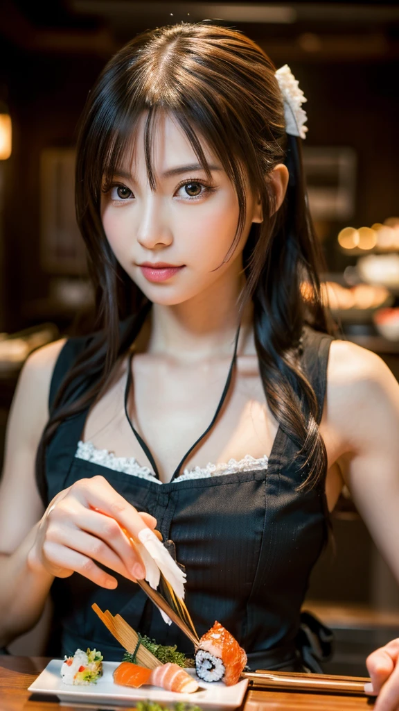 (surreal), (figure), (High resolution), (8K), (very detailed), (Best figure), (beautiful and detailed eyes), (highest quality), (super detailed), (masterpiece),Beautiful sushi master woman,