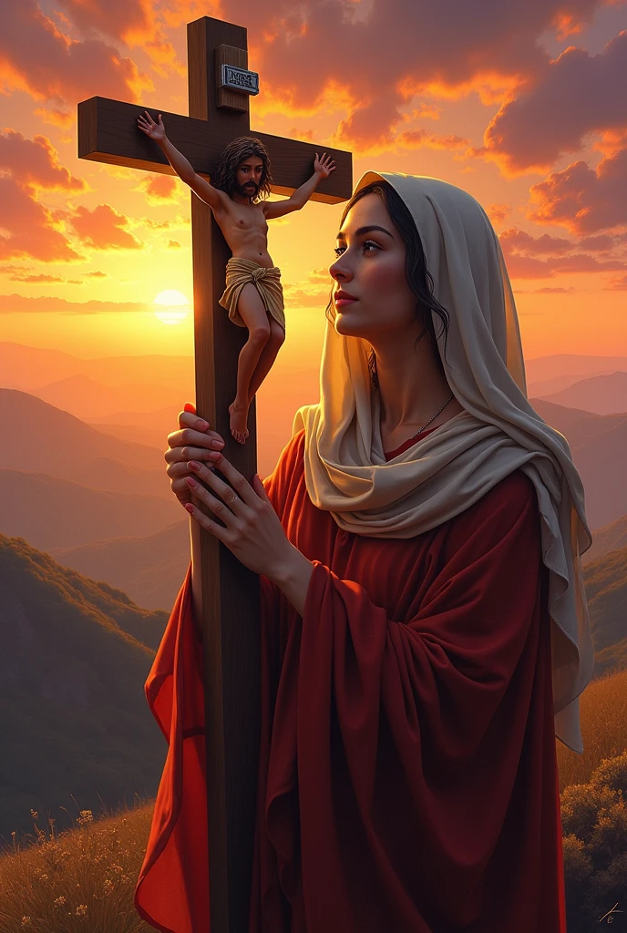 Bookmark of Saint Mary Magdalene holding a crucifix with the sunset beside it