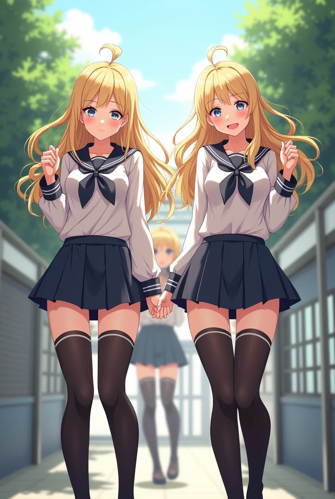 ?????? blonde women ecchi school uniforms thigh highs