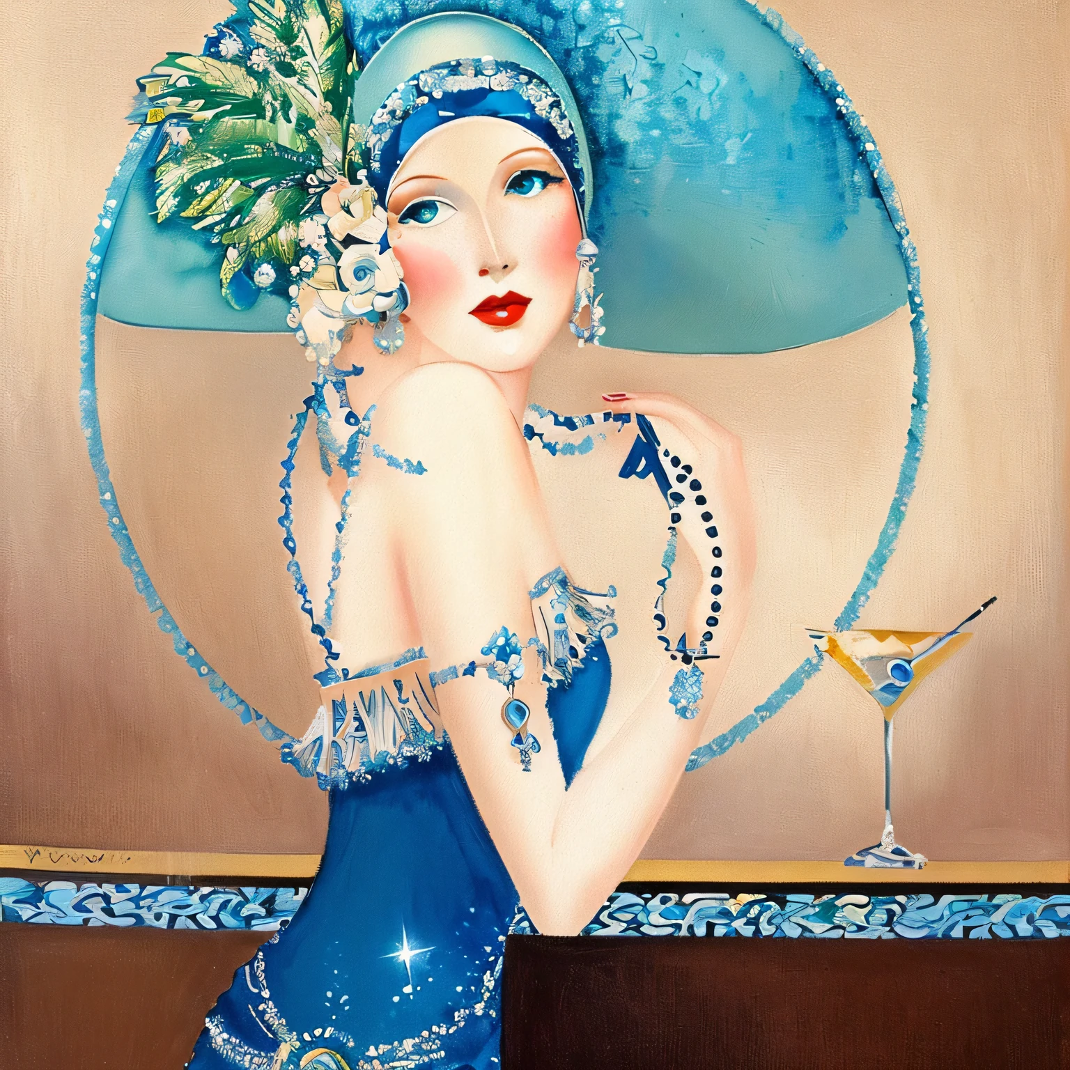painting of a woman in a blue dress and hat holding a martini, art deco painting, art deco portrait, flapper, 1920s art deco, art deco era), inspired by Gerda Wegener, art deco illustration, an art deco painting, jazz age, by Yvonne Jacquette, roaring twenties, inspired by George barbier, elegant lady