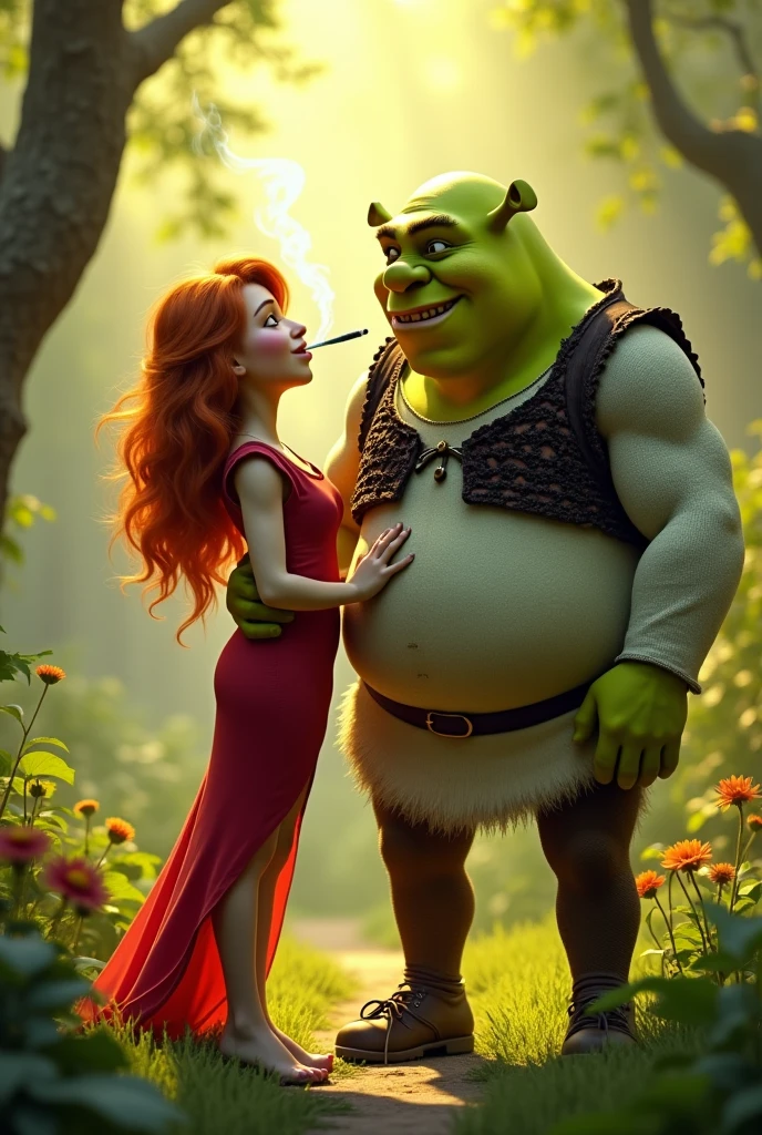 Make Fiona and Sherk smoking in the red outfit, green and yellow