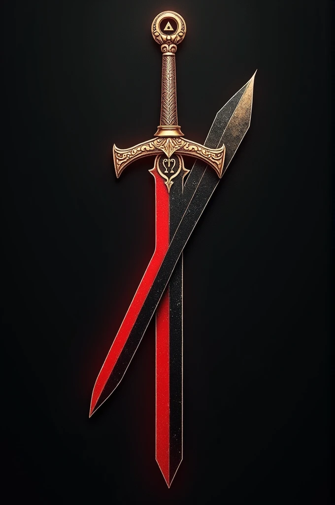 Create a tattoo of two swords, one pointing upwards and the other pointing opposite., the red one with the omega symbol and the black one with the alpha symbol, take greek spades as an example, but with a longer and more beautiful dagger