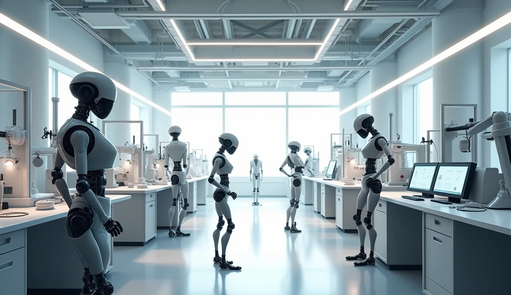 3d pixar animation illustration of a robotics laboratory illuminated with diffused white lighs