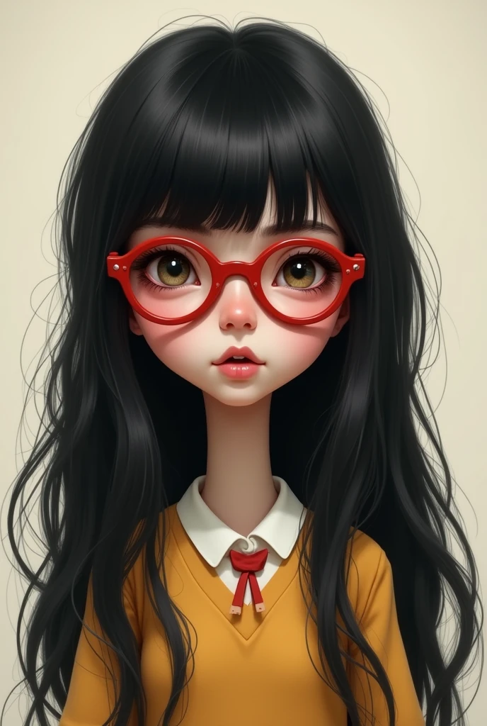 Make a bytle doll long, semi-wavy black hair with red glasses, not very white skin and a mole on the chin