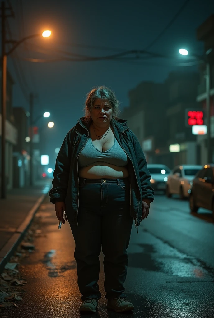 Photorealistic image of An 50 year old chubby prostitute standing on the corner, smoking a cigarette at night. She looks tired and worn down, rough hair and makeup.