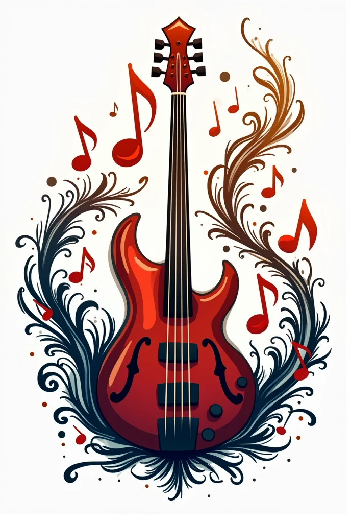 a logo with a bass and vallenato chord in the middle, musical notes around,