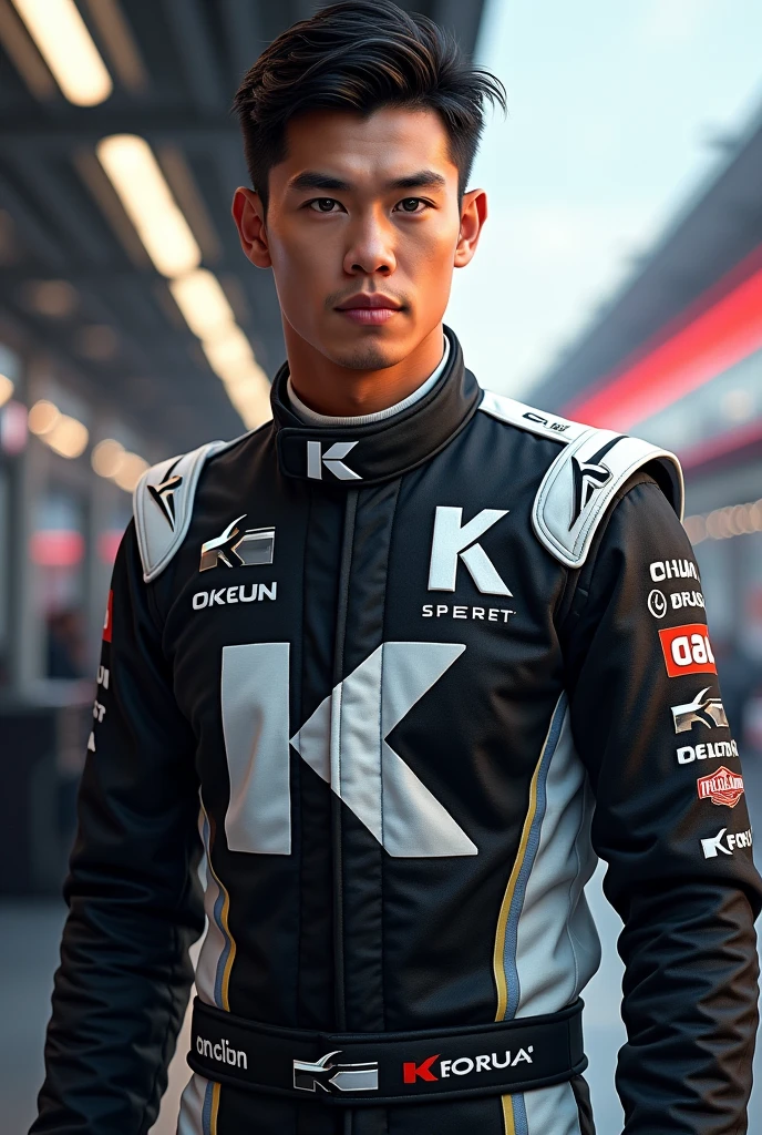 Male Filipino f1 driver wearing black and white tracksuit with chrome logo as sponsor with a large “K” on the suit (no helmet) 