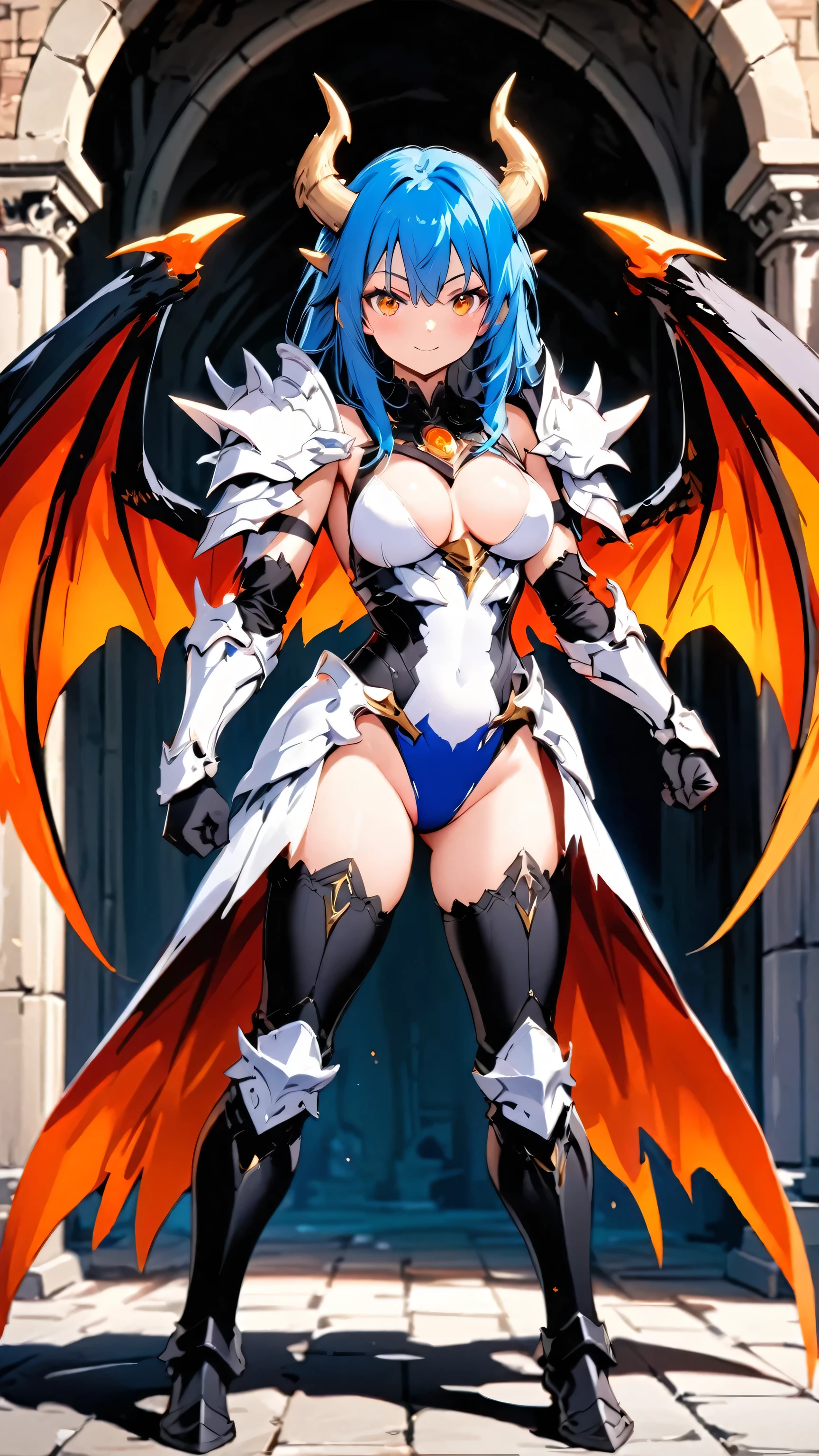 Masterpiece, Best Quality, Extra Detail, 1dragon girl, dragon horn, dragon wings, medium-long hair, blue hair, orange eyes, feminine body, perfect boobs, armor, white leotard, cleavage, black armor, pauldrons, shoulder armor, armored gauntlet, gloves, black gloves, armored knee boots, large wings, stern look, smile, standing, full body, castle, outdoor, day, clenched hands