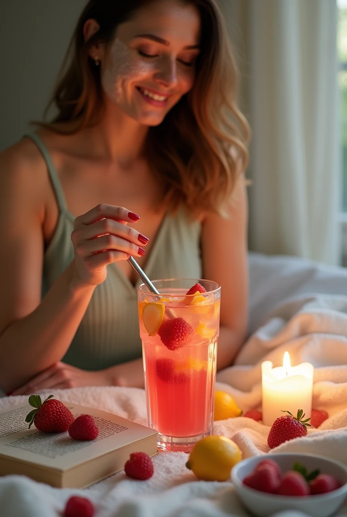 A relaxing scene of someone preparing a homemade face mask with frozen fruits, or a glass of water flavored with frozen fruit next to a lit candle and a book.