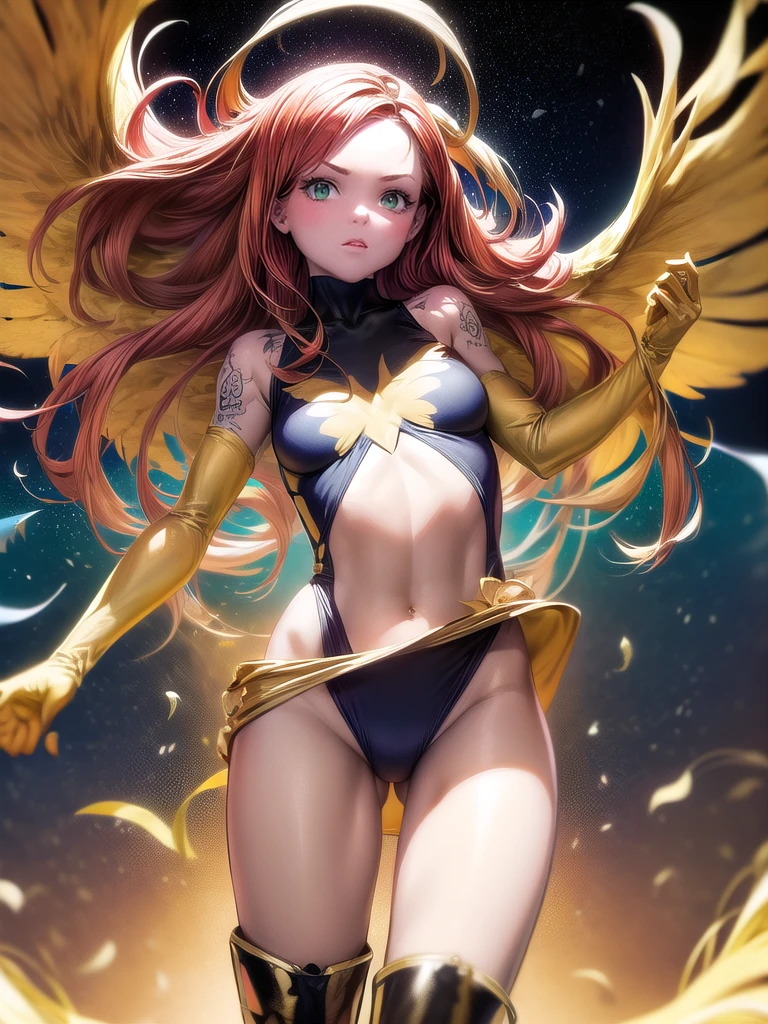 1girl, solo, Jean Grey of X-men, high leg unitard of black and gold, boob window in unitard, ((small bust)), ((thighs showing)), ((calf-high boots)), color mandala tattoos (on thighs:1.37), wings, floating in space, arms out in power pose, contrapposto stance, dramatically colorful cosmic background, moody lighting, 16k, best quality, masterpiece, (wide angle:1.27), full length portrait