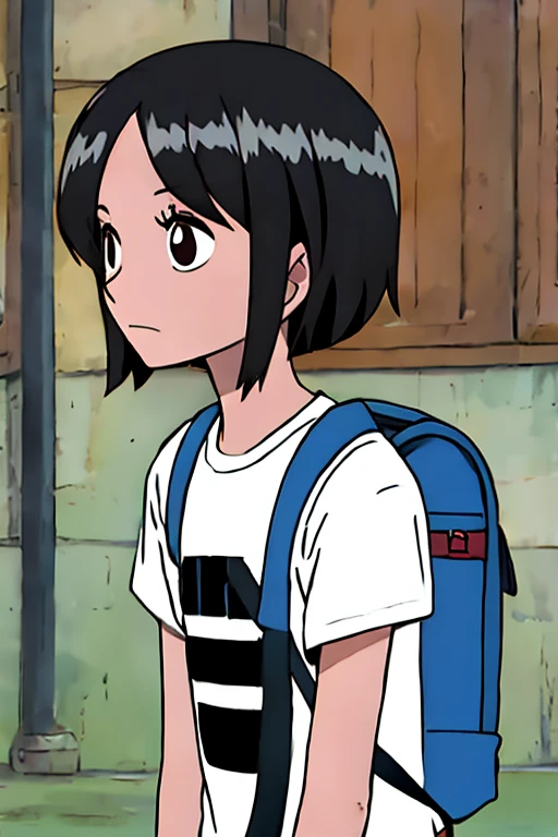 Girl, black hair, durag, very short hair, tshirt, backpack