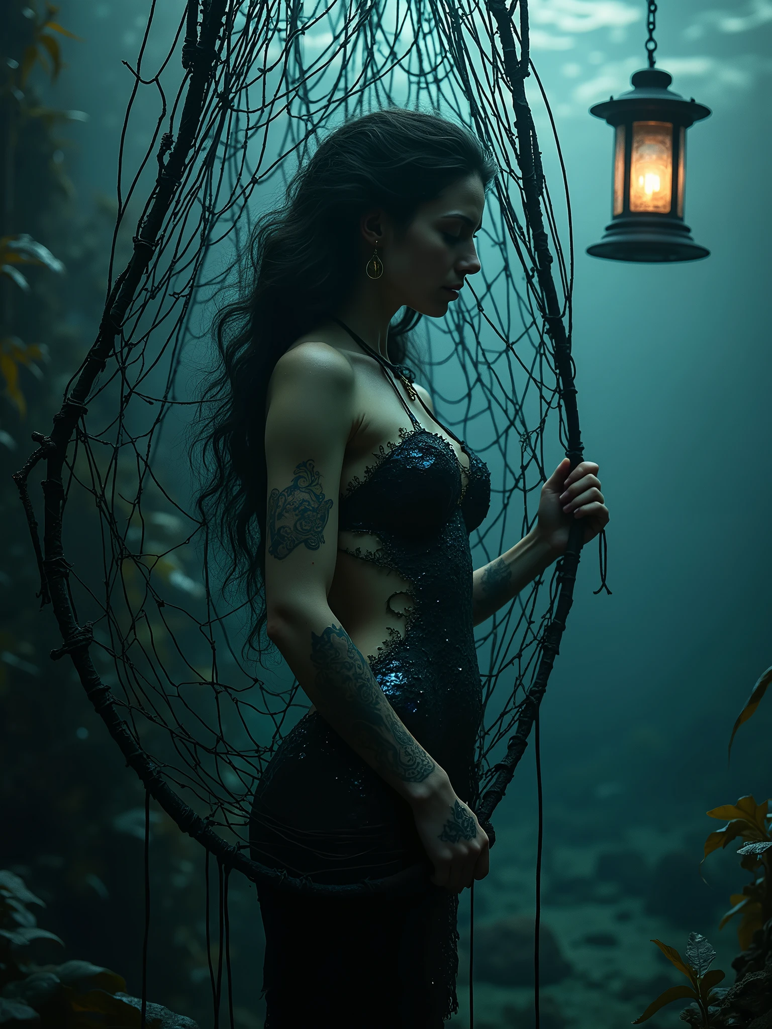 ```(Dark, mysterious, gothic:1.5), (mermaid trapped, black fisherman net), clear image, (sharp image), ((HDR)), (highres, ultra-detailed:1.2), (official art), (high definition) , depth of field:1.3, ((Gothic mermaid:1.5)), (black fisherman net:1.4), (trapped, confined:1.3), (dark, ominous:1.2), (underwater, oceanic:1.4), ( seaweed, kelp:1.3), (old, worn net:1.2), (mermaid's scales:1.4), (shimmering, iridescent:1.3), (gothic, Victorian:1.5), (romantic, mysterious:1.4), (whimsical, eerie:1.3), (dark, moody:1.2), (foggy, misty:1.3), (lantern, glowing:1.4), (underwater, abyss:1.5), (oceanic, dark depths:1.4), (mysterious, unknown:1.3), (forgotten, abandoned:1.2), (gothic, macabre:1.5)```