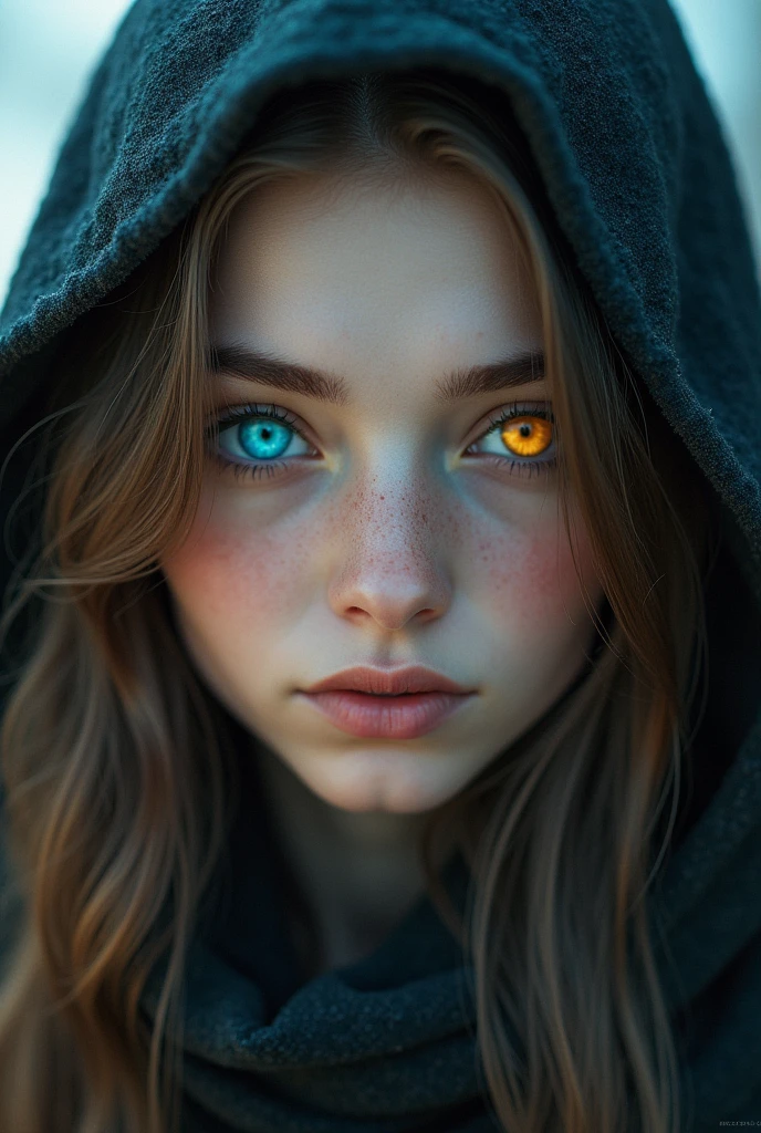 a half-elf, witch,eyes with heterochromia, of blue and gold colors,
the brown hair, with white skin, AT 20 YEARS OLD
