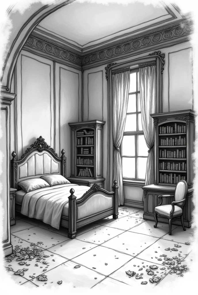 Old Room, old luxury mansion, black and white drawing, no shadows, Draft, outline, semi realistic drawing, antique bed, old windows, old curtains, old bookshelf, textbooks