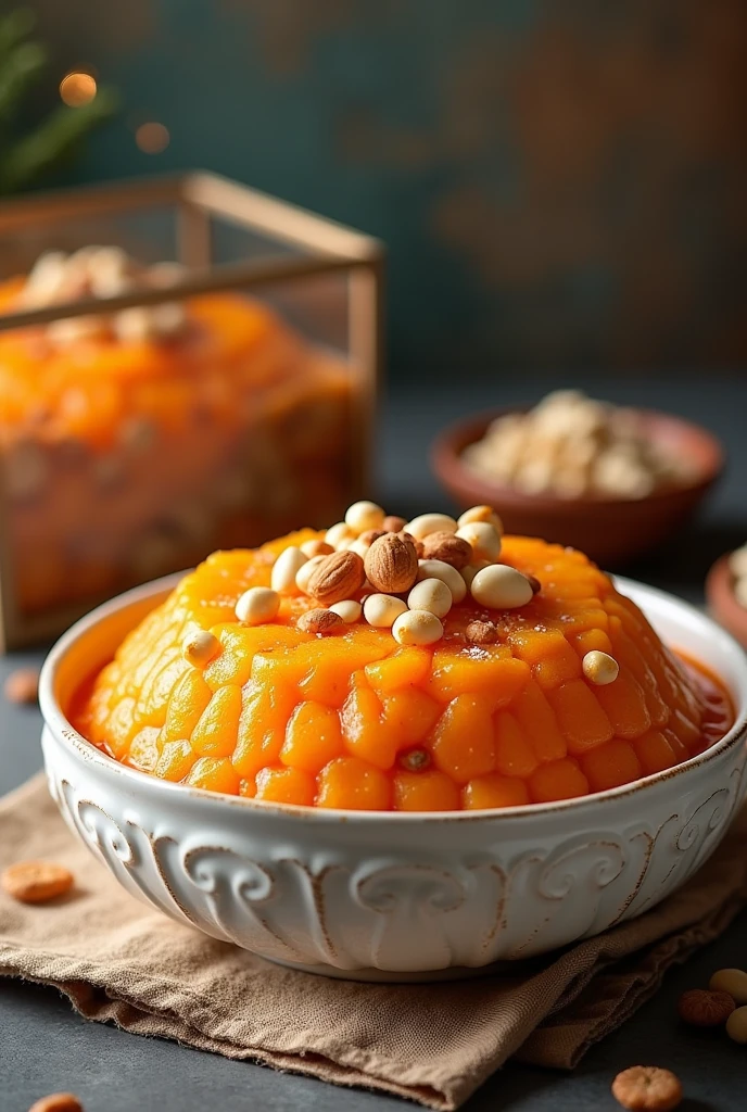 A big white antique bowl of "gajar halwa with khoya mix " wth nuts topping. And professional back ground also a transparent box packing at a corner . With slogan celebrate winter with traditions ,savor our gajar halwa