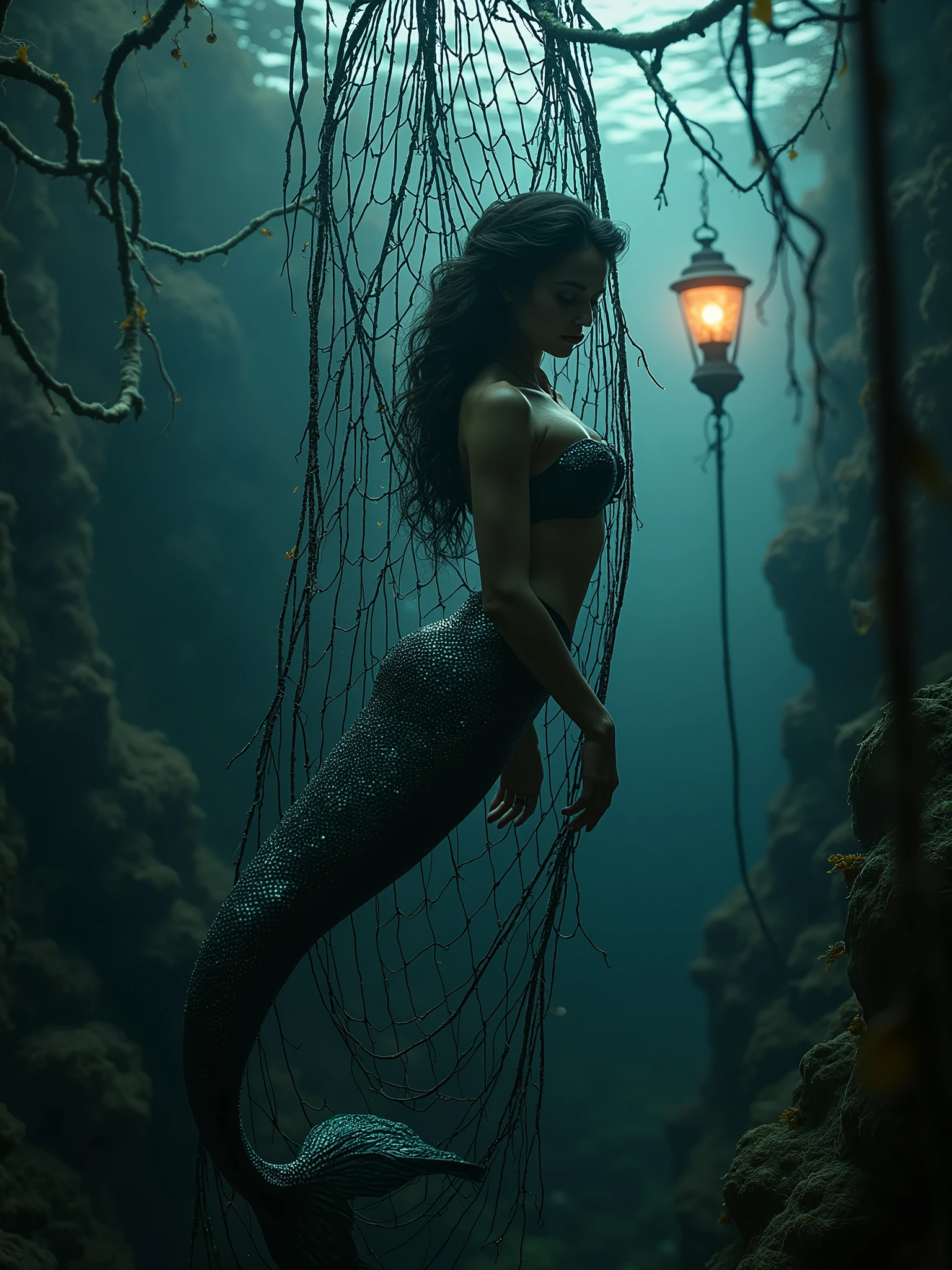 ```(Dark, mysterious, gothic:1.5), (mermaid trapped, black fisherman net), clear image, (sharp image), ((HDR)), (highres, ultra-detailed:1.2), (official art), (high definition) , depth of field:1.3, ((Gothic mermaid:1.5)), (black fisherman net:1.4), (trapped, confined:1.3), (dark, ominous:1.2), (underwater, oceanic:1.4), ( seaweed, kelp:1.3), (old, worn net:1.2), (mermaid's scales:1.4), (shimmering, iridescent:1.3), (gothic, Victorian:1.5), (romantic, mysterious:1.4), (whimsical, eerie:1.3), (dark, moody:1.2), (foggy, misty:1.3), (lantern, glowing:1.4), (underwater, abyss:1.5), (oceanic, dark depths:1.4), (mysterious, unknown:1.3), (forgotten, abandoned:1.2), (gothic, macabre:1.5)```