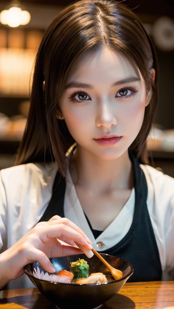 (surreal), (figure), (High resolution), (8K), (very detailed), (Best figure), (beautiful and detailed eyes), (highest quality), (super detailed), (masterpiece),Beautiful sushi master woman,