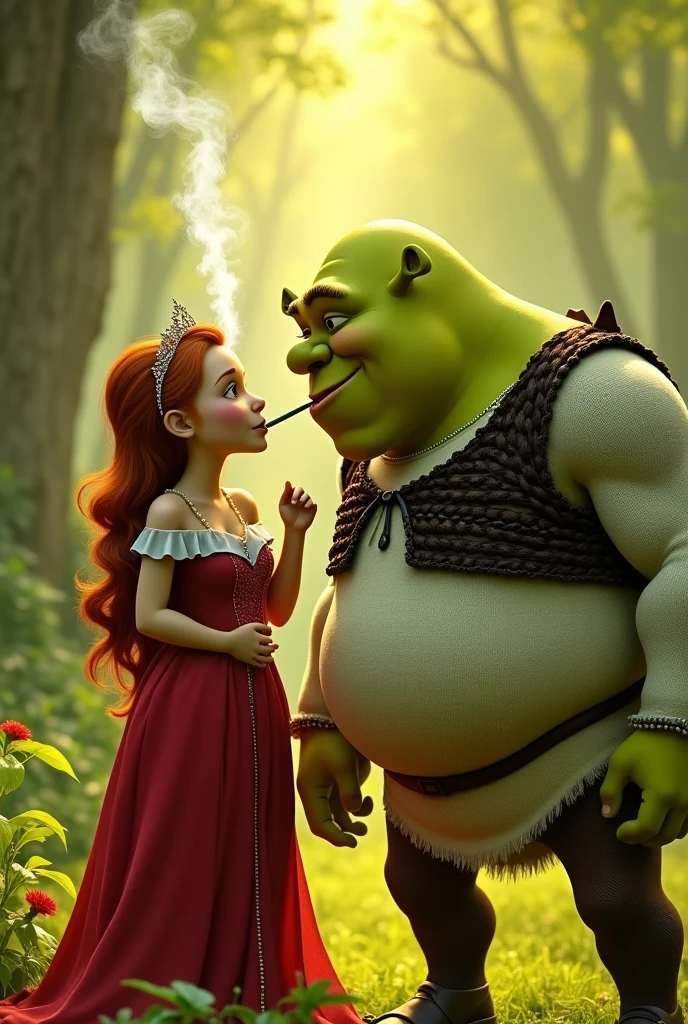 Make Fiona and Sherk smoking in the red outfit, green and yellow