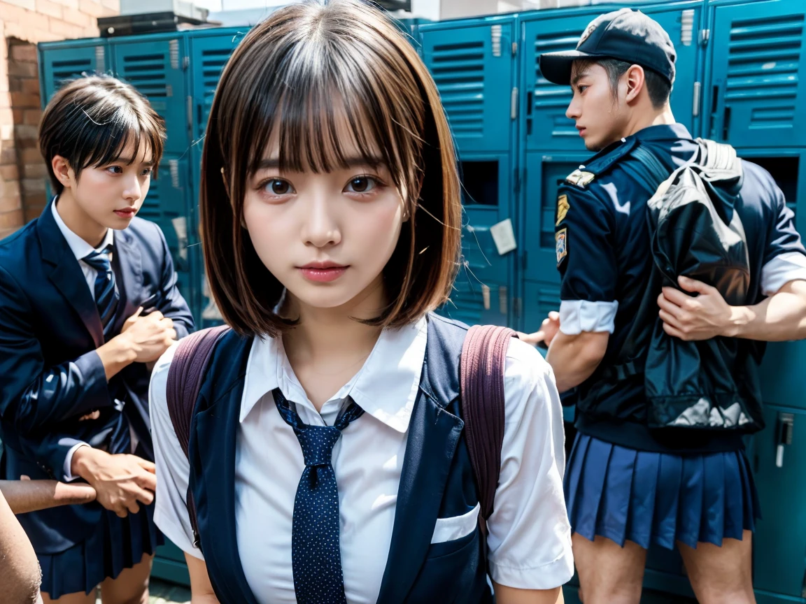 masterpiece, Highest quality, figure, Very detailed, The finer details, High resolution, 8k,wallpaper, Perfect dynamic composition,(Detailed high quality, Realistic depiction of eyes:1.3), Upper Body, 正面figure, locker room、Schoolgirl uniform、blazer 、huge 、Disheveled uniform, Short Bob Hair, Black hair color, hugeな胸, Big Natural Color Lip, Crying a little、Harajuku Style、20-year-old girl, (Sexual intercourse with multiple men:1.5), (gang rape:1.7), vagina, ペニスがvagina内に,