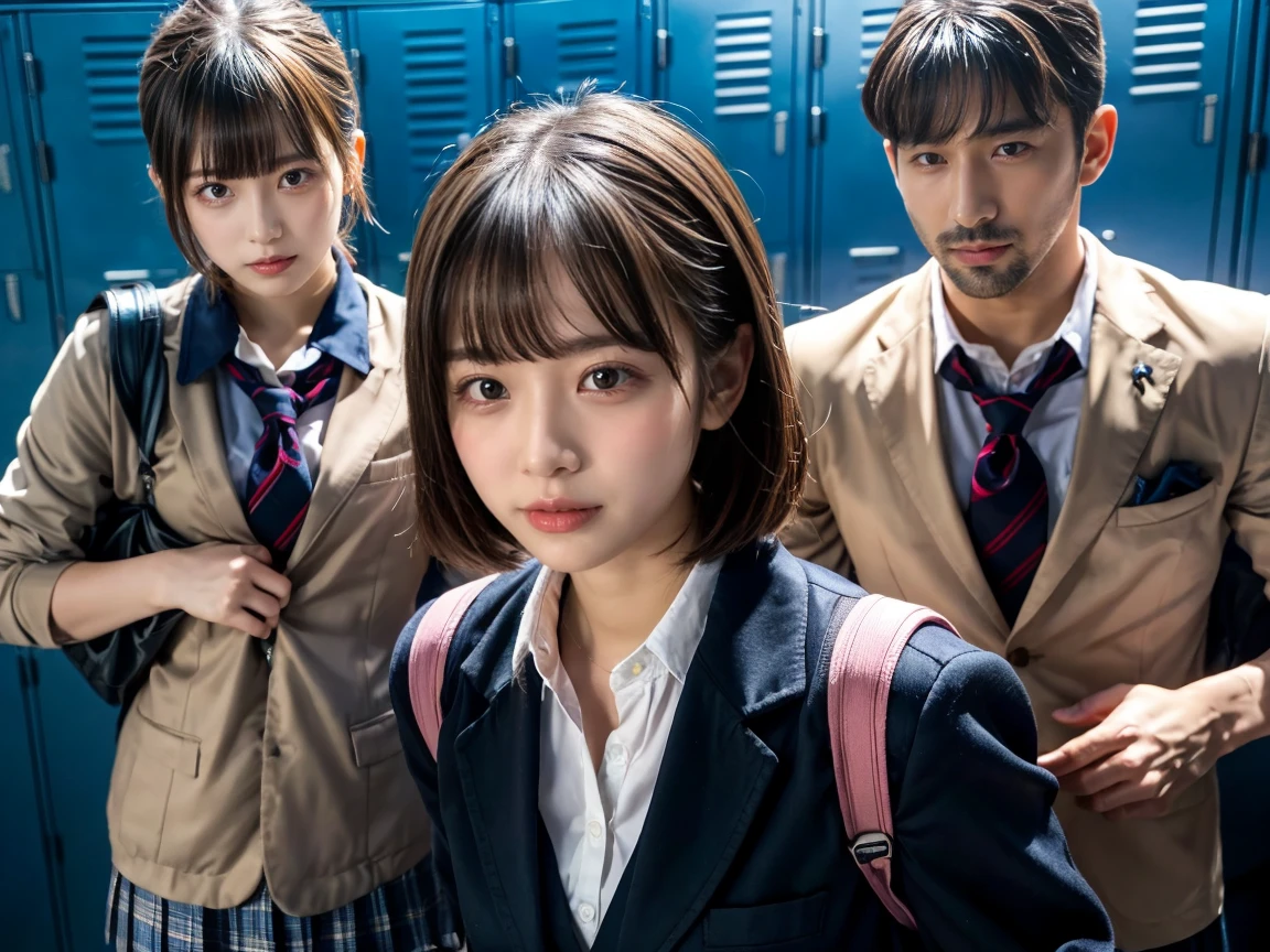 masterpiece, Highest quality, figure, Very detailed, The finer details, High resolution, 8k,wallpaper, Perfect dynamic composition,(Detailed high quality, Realistic depiction of eyes:1.3), Upper Body, 正面figure, locker room、Schoolgirl uniform、blazer 、huge 、Disheveled uniform, Short Bob Hair, Black hair color, hugeな胸, Big Natural Color Lip, Crying a little、Harajuku Style、20-year-old girl, (Sexual intercourse with multiple men:1.5), (gang rape:1.7), vagina, ペニスがvagina内に,