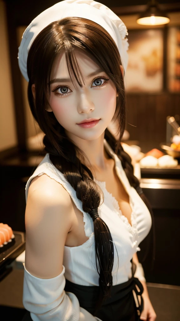 (surreal), (figure), (High resolution), (8K), (very detailed), (Best figure), (beautiful and detailed eyes), (highest quality), (super detailed), (masterpiece),Beautiful sushi master woman,