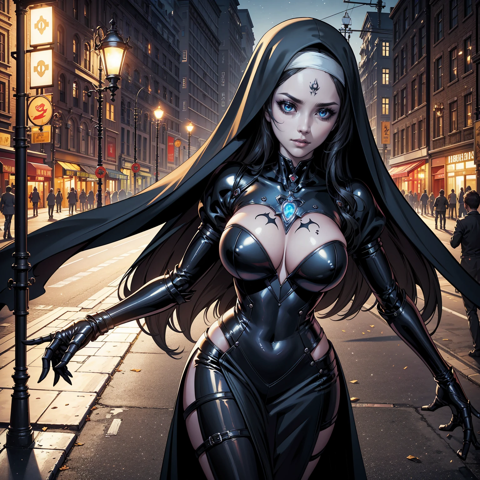 Masterpiece, best quality, 4k, Insanely Definition, uncensored, rating explicit, full body,                                                                                                                                                                          Same Girl , Perfect Beautiful , robot Face ,  android woman , metallic android , long Hair , Black Gothic Nun Dress , Athletic Body , gigantic , Extreme Detailed Portrait With Bokeh Effect , Realistic Lighting , Night Street View , Dark Vibe , Crowd , Gothic Makeup , Gothic Tattoo , Posing Like a Model , Look at Viewer, cool lighting, blue street lamp light,sunset ambiance light 
