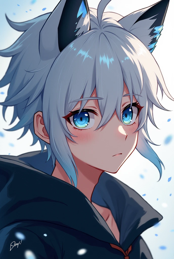 1 male teenager with white hair but with black tips and blue eyes (anime style)