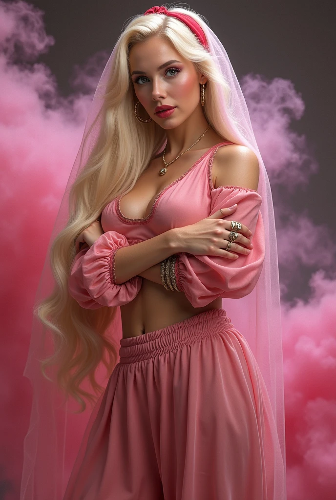 (photorealism:1.2), young Barbara Eden, pink genie giab_2, I Dream of Jeannie cosplay porn, pink sheer harem pants, gathered elastic cuffs, standing, full hips, bubble butt, extremely long blonde hair and ponytail, gold trimmed red ponytail band, pink face veil, small open red vest, layered clothes, arms folded, eyes closed, full pouting pink lips, hoop earrings, slave bands, rings on various fingers, thick swirling pink smoke, emerging from genie bottle