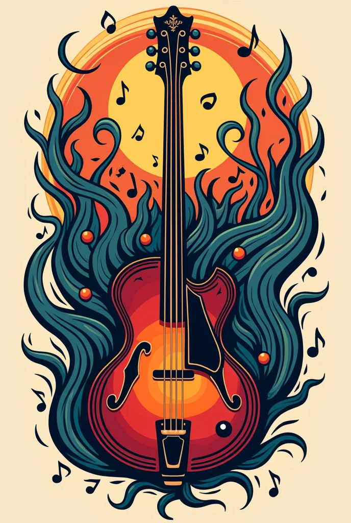 a logo with a bass and vallenato chord in the middle, musical notes around,