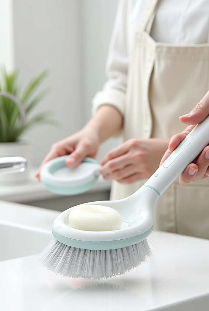 Cleaning brush with a soap container at its base
