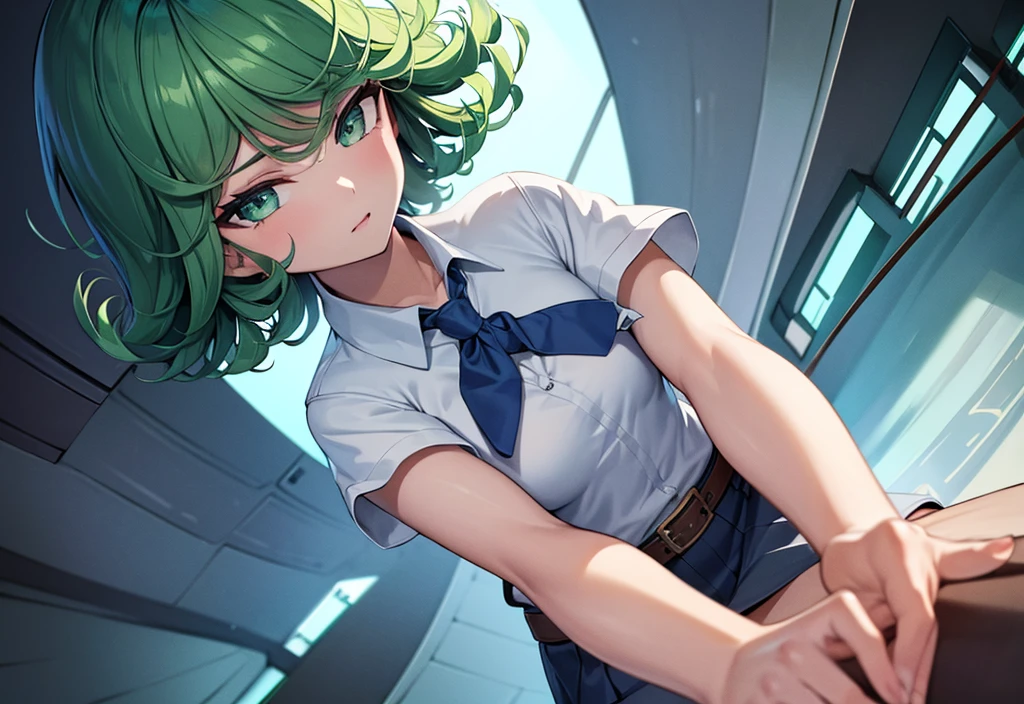 (high res, 8K, masterpiece, looking at viewer, best quality, very aesthetic, ultra detailed, ultra background, ultra Eyes) intricate details, 1girl, Tatsumaki, short sleeved white shirt, Light Blue Gray short skirt, Pockets on the left chest, Blue Gray tie, Wearing a belt, green short hair, green eyes, Normal Face, Background Library, Cinematic Angle