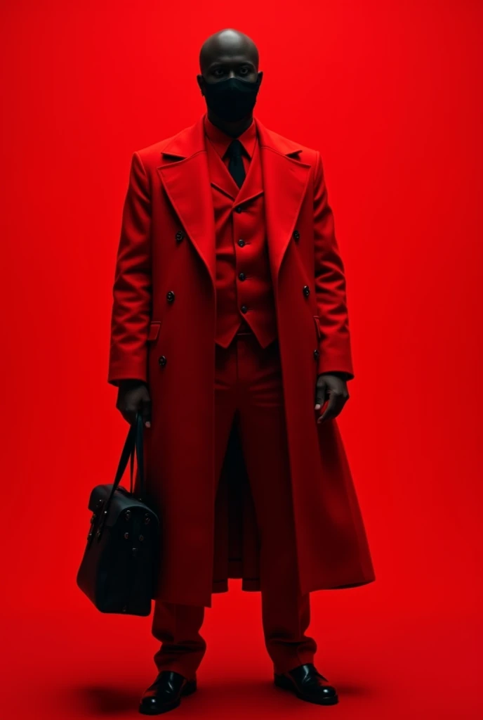  générer un image d’un homme charismatique dont le visage ne fais pas voir portant une veste 
L’homme aura le visage noir 
Il sera dans le rouge le plus vif totale 
Je veux pas une autre couleur dans l’image à part le noir et le rouge .masque noir sur le visage de l’homme . L’homme complet de la tête au pied tenant un sac 