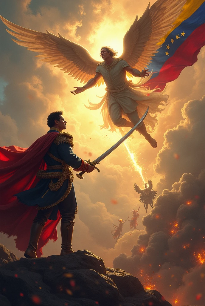 Bolivar and his sword with his military uniform of the time and Saint Michael the Archangel coming down from heaven in a battle against demons and in the sky the flag of Venezuela in the background
