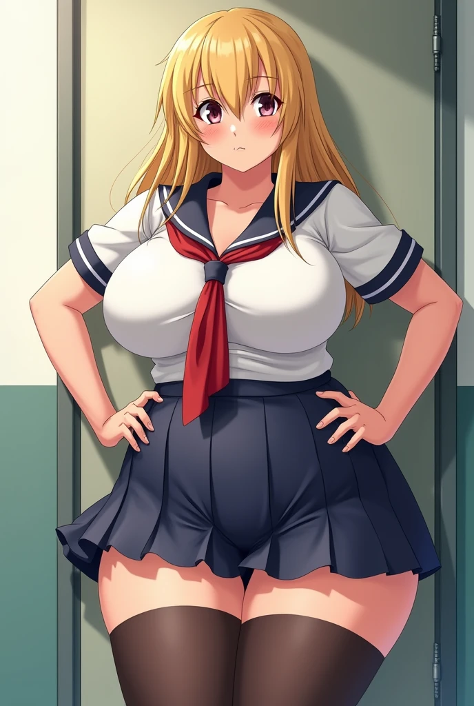 hentai blonde woman ecchi school uniforms thick thigh highs