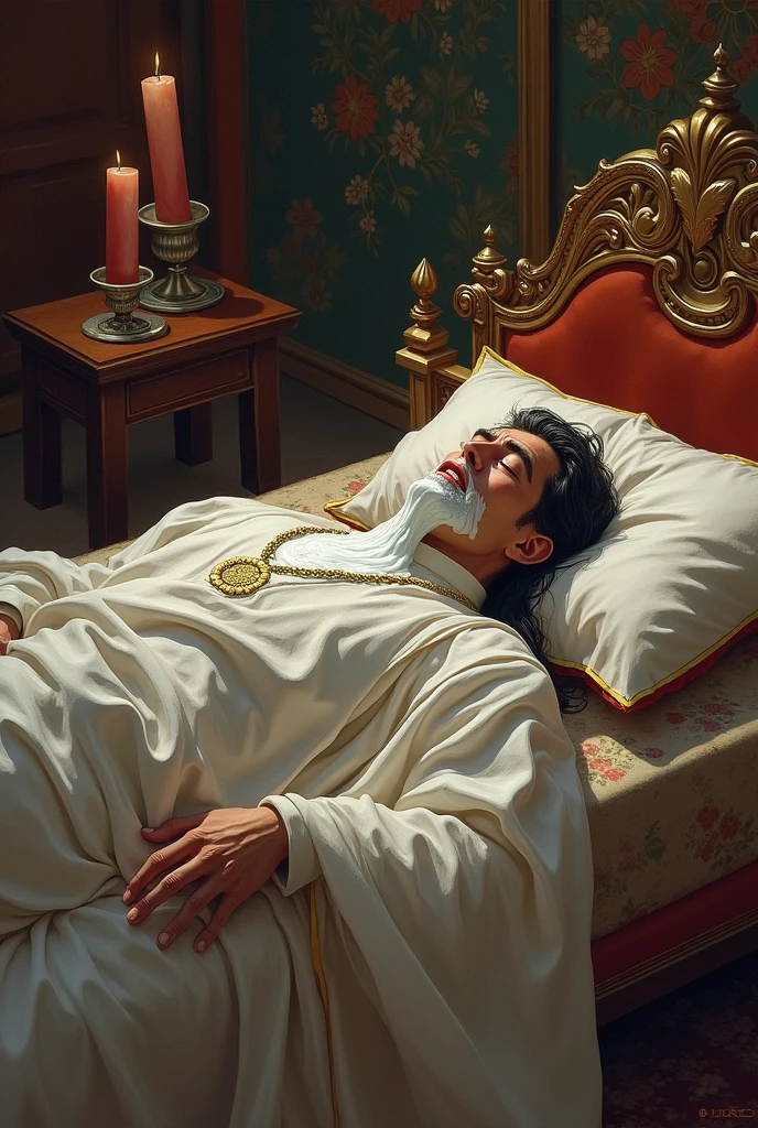 Illustration of the Emperor's death, lying on a bed with white foam dripping from his mouth. East Asian style