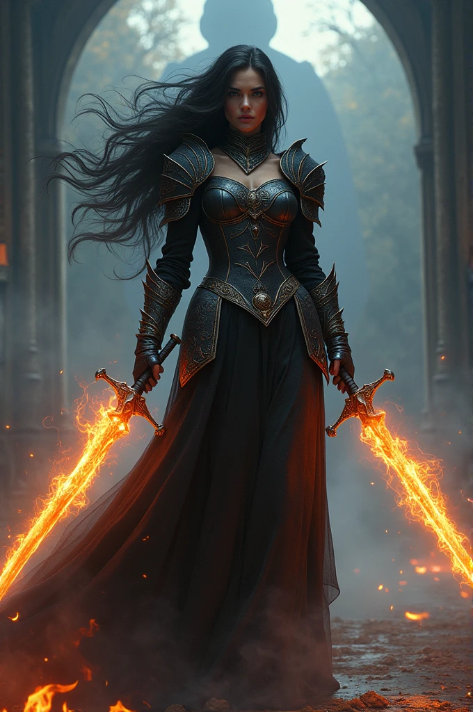Woman. Black medieval armor. Neve . fire . swords