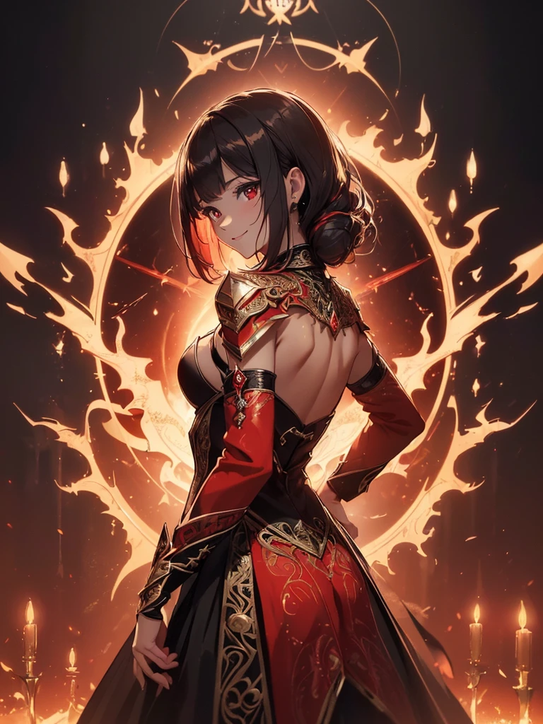 (((best quality, sharp image, clear image, cinematic lighting, 8k resolution, masterpiece, ultra detailed, intricate))) Girl, sorcerer, cute, intricate dress, smiling, fiery red, ((intricate background)), (rune frame), dimension, ((shot from behind)), fire sigils, chaotic background.
