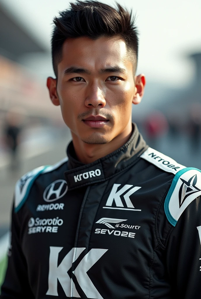 Handsome Filipino f1 driver wearing black and white tracksuit with chrome logo as sponsor with a large “K” on the suit (no helmet) 