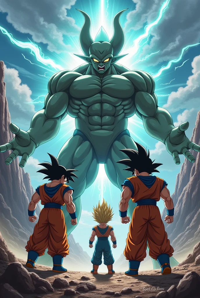 goku vegeta broly and majinbo about to face each other