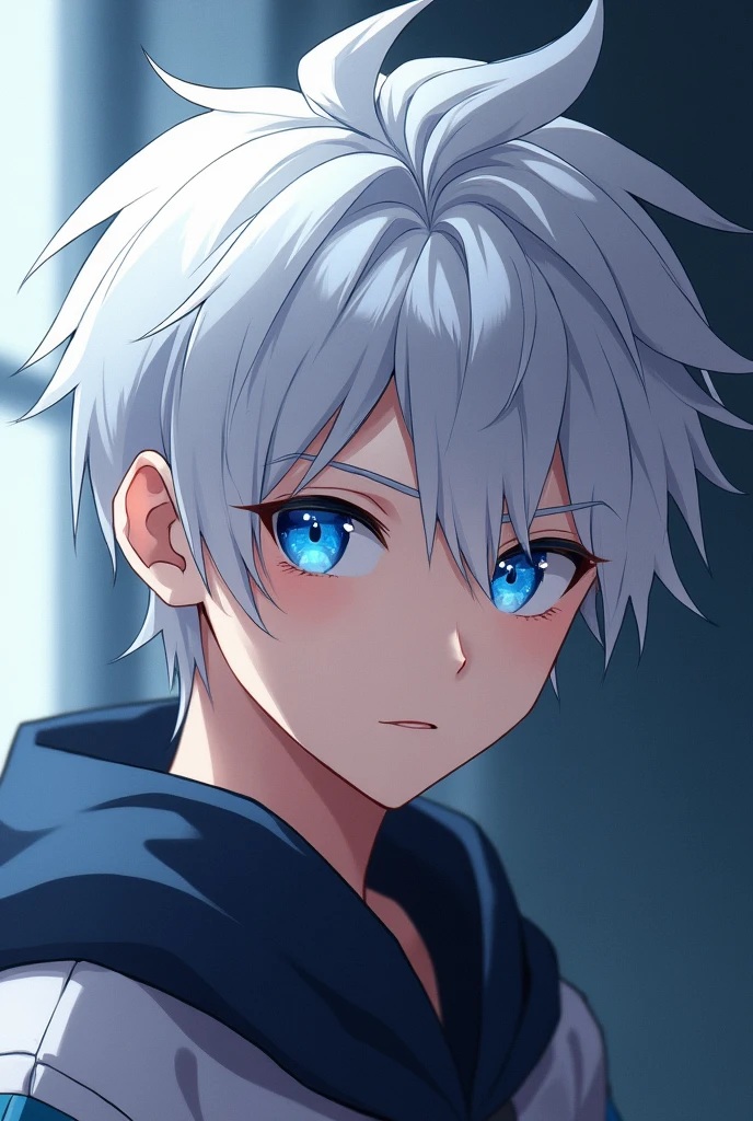 1 male teenager with white hair but with black tips and blue eyes (anime style)