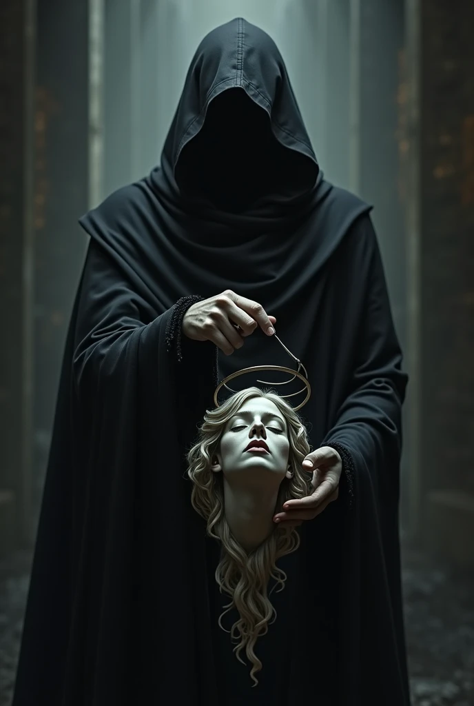 Death with aspect  , dark and Machiavellian , holding the head of a>> the head is angelic with a halo 