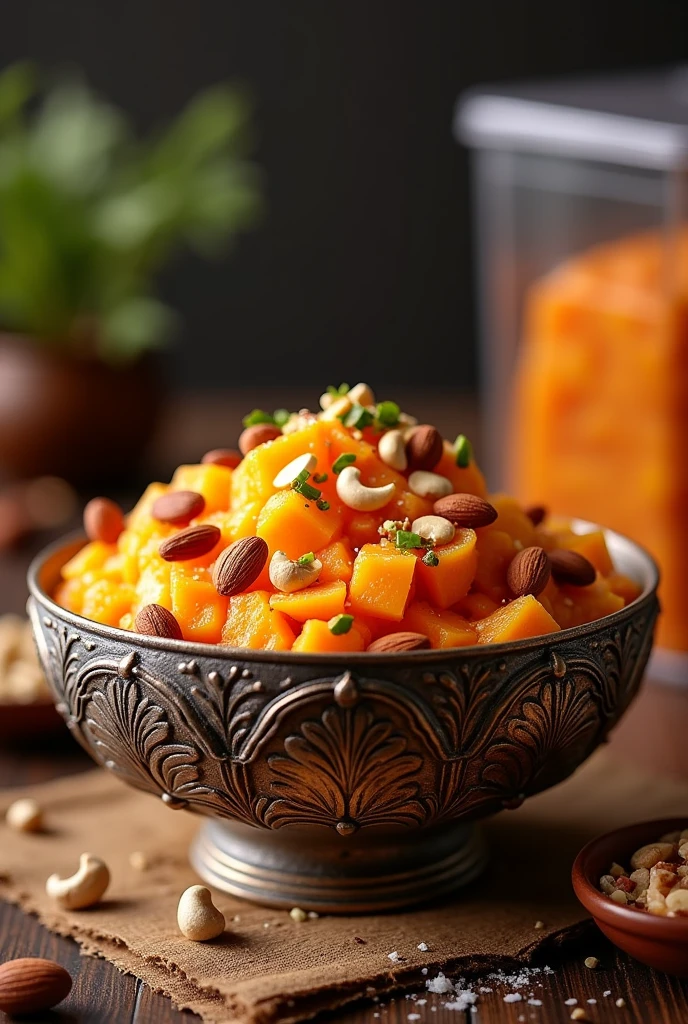 A big antique bowl of "gajar halwa with khoya mix " wth nuts topping. And professional back ground also a transparent box packing at a corner . With slogan celebrate winter with traditions ,savor our gajar halwa