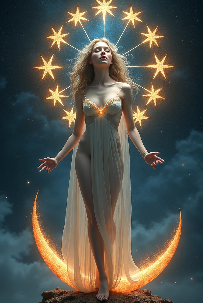 A naked woman but dressed in the sun with seven stars forming an arch around her head. She is standing on a waning moon and has a dragon with its mouth open behind her in the reddish shadows and the space around her is as if she were in dark space with blue.