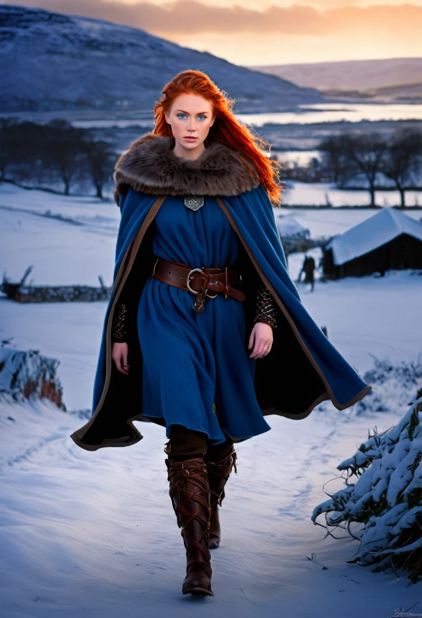 (((art by Larry Elmore))), 1girl, masterpiece, a viking female warrior, walking,(((adult))) woman, red hair, braided hair, blue eyes historical (((Viking fur armor))), a heavy wool cape flowing in her back, a Norse village during winter in the background, heavy post-process effects, warm firelight, glow, wandering expression,