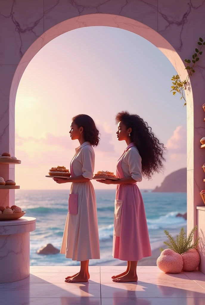 A young black woman with black hair next to her white mother with brown hair, the two bakers, Your business reflects perseverance and strength, The beauty of marble and the sea, and lilac color
